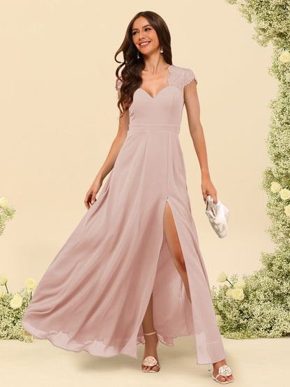 Robe de Demoiselle d'Honneur Coupe A-Line/Princess à Col En V et Longueur Au Sol avec Fente Sur Le Côté