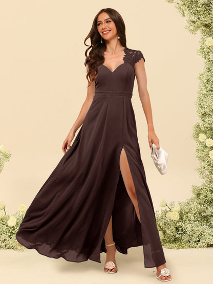 Robe de Demoiselle d'Honneur Coupe A-Line/Princess à Col En V et Longueur Au Sol avec Fente Sur Le Côté