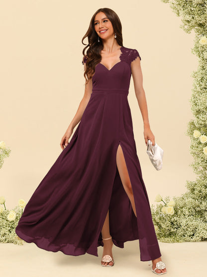 Robe de Demoiselle d'Honneur Coupe A-Line/Princess à Col En V et Longueur Au Sol avec Fente Sur Le Côté