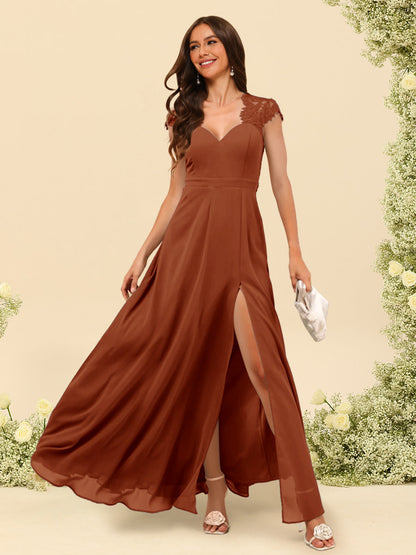 Robe de Demoiselle d'Honneur Coupe A-Line/Princess à Col En V et Longueur Au Sol avec Fente Sur Le Côté