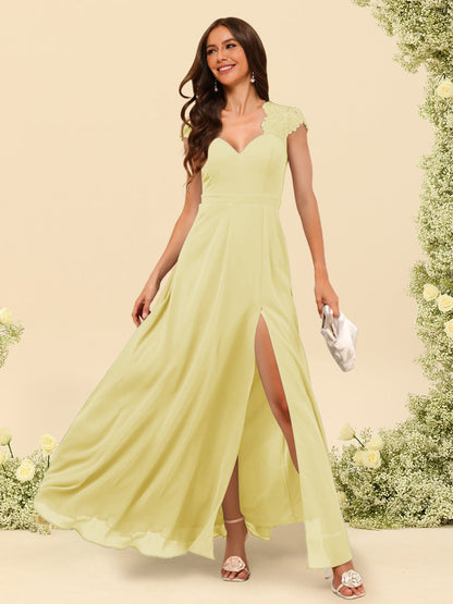 Robe de Demoiselle d'Honneur Coupe A-Line/Princess à Col En V et Longueur Au Sol avec Fente Sur Le Côté