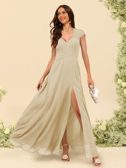 Robe de Demoiselle d'Honneur Coupe A-Line/Princess à Col En V et Longueur Au Sol avec Fente Sur Le Côté