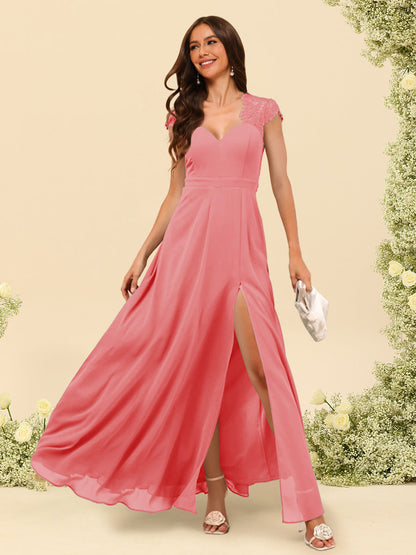 Robe de Demoiselle d'Honneur Coupe A-Line/Princess à Col En V et Longueur Au Sol avec Fente Sur Le Côté