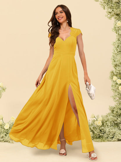 Robe de Demoiselle d'Honneur Coupe A-Line/Princess à Col En V et Longueur Au Sol avec Fente Sur Le Côté
