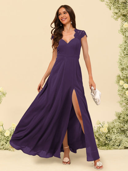 Robe de Demoiselle d'Honneur Coupe A-Line/Princess à Col En V et Longueur Au Sol avec Fente Sur Le Côté