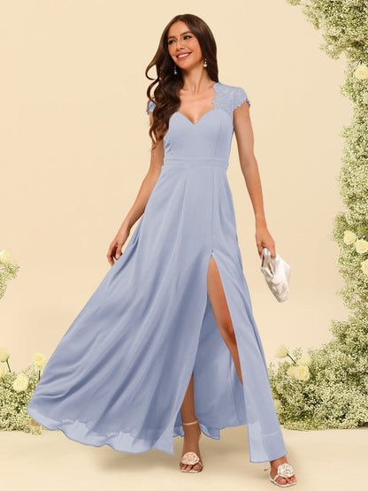 Robe de Demoiselle d'Honneur Coupe A-Line/Princess à Col En V et Longueur Au Sol avec Fente Sur Le Côté