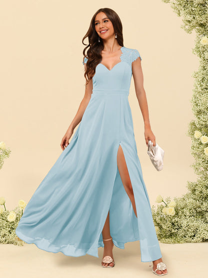Robe de Demoiselle d'Honneur Coupe A-Line/Princess à Col En V et Longueur Au Sol avec Fente Sur Le Côté