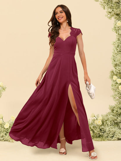 Robe de Demoiselle d'Honneur Coupe A-Line/Princess à Col En V et Longueur Au Sol avec Fente Sur Le Côté