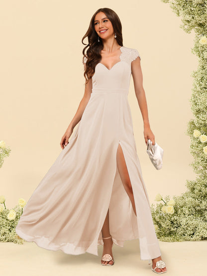 Robe de Demoiselle d'Honneur Coupe A-Line/Princess à Col En V et Longueur Au Sol avec Fente Sur Le Côté