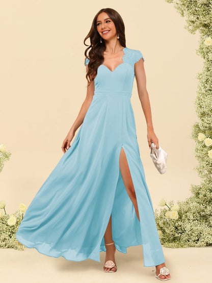 Robe de Demoiselle d'Honneur Coupe A-Line/Princess à Col En V et Longueur Au Sol avec Fente Sur Le Côté
