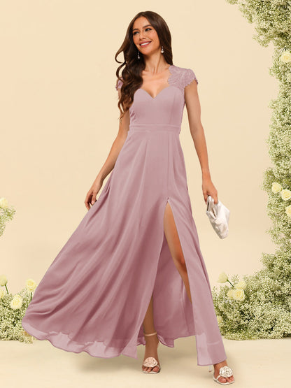 Robe de Demoiselle d'Honneur Coupe A-Line/Princess à Col En V et Longueur Au Sol avec Fente Sur Le Côté