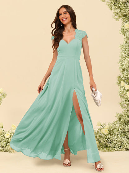 Robe de Demoiselle d'Honneur Coupe A-Line/Princess à Col En V et Longueur Au Sol avec Fente Sur Le Côté