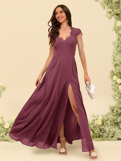 Robe de Demoiselle d'Honneur Coupe A-Line/Princess à Col En V et Longueur Au Sol avec Fente Sur Le Côté