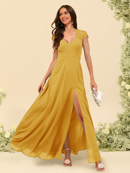 Robe de Demoiselle d'Honneur Coupe A-Line/Princess à Col En V et Longueur Au Sol avec Fente Sur Le Côté