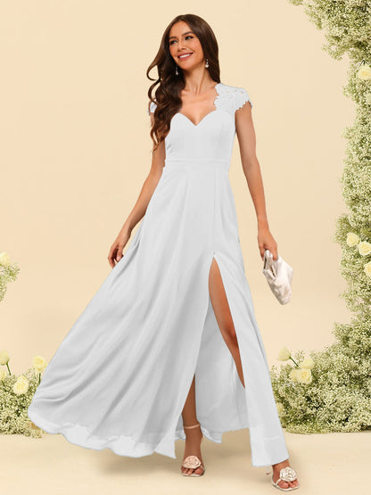 Robe de Demoiselle d'Honneur Coupe A-Line/Princess à Col En V et Longueur Au Sol avec Fente Sur Le Côté