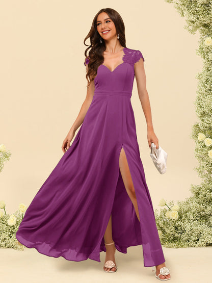 Robe de Demoiselle d'Honneur Coupe A-Line/Princess à Col En V et Longueur Au Sol avec Fente Sur Le Côté