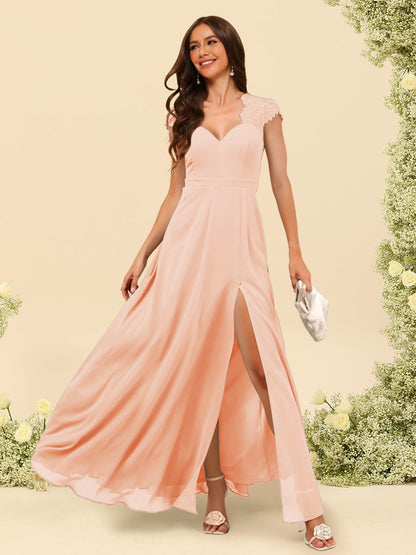 Robe de Demoiselle d'Honneur Coupe A-Line/Princess à Col En V et Longueur Au Sol avec Fente Sur Le Côté