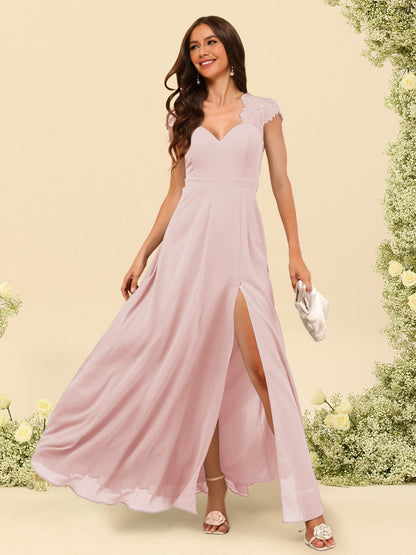 Robe de Demoiselle d'Honneur Coupe A-Line/Princess à Col En V et Longueur Au Sol avec Fente Sur Le Côté