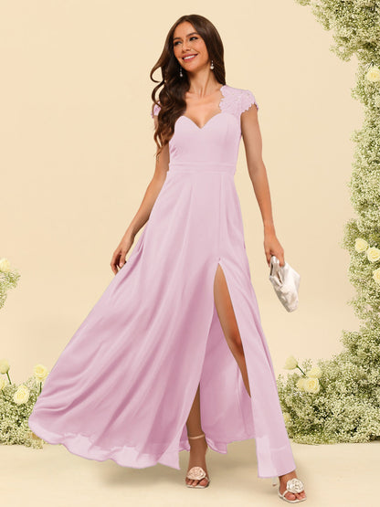 Robe de Demoiselle d'Honneur Coupe A-Line/Princess à Col En V et Longueur Au Sol avec Fente Sur Le Côté