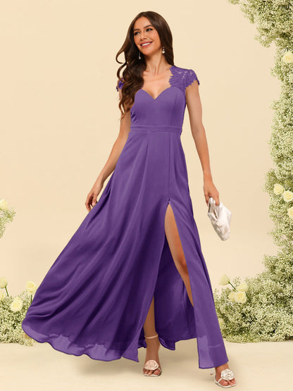 Robe de Demoiselle d'Honneur Coupe A-Line/Princess à Col En V et Longueur Au Sol avec Fente Sur Le Côté