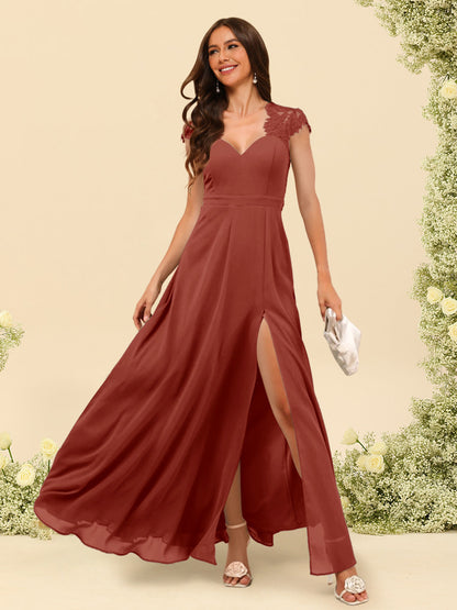 Robe de Demoiselle d'Honneur Coupe A-Line/Princess à Col En V et Longueur Au Sol avec Fente Sur Le Côté