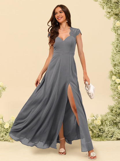 Robe de Demoiselle d'Honneur Coupe A-Line/Princess à Col En V et Longueur Au Sol avec Fente Sur Le Côté