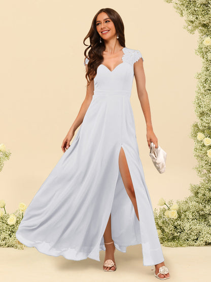 Robe de Demoiselle d'Honneur Coupe A-Line/Princess à Col En V et Longueur Au Sol avec Fente Sur Le Côté