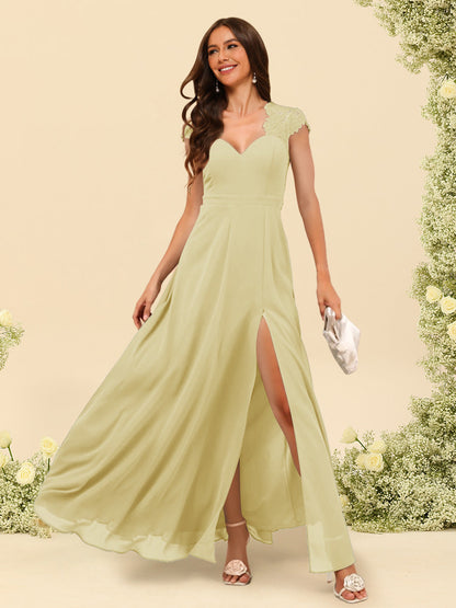 Robe de Demoiselle d'Honneur Coupe A-Line/Princess à Col En V et Longueur Au Sol avec Fente Sur Le Côté