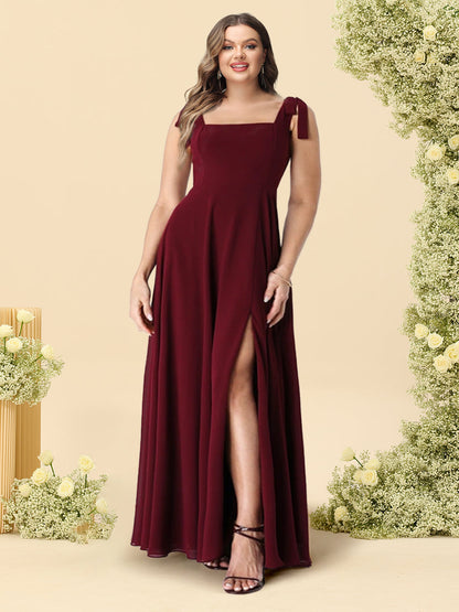 Robe de Demoiselled'Honneur Grande Taille, Coupe Trapèze/Princesse, Bretelles Spaghetti, Longueur au Sol avec Fente Latérale