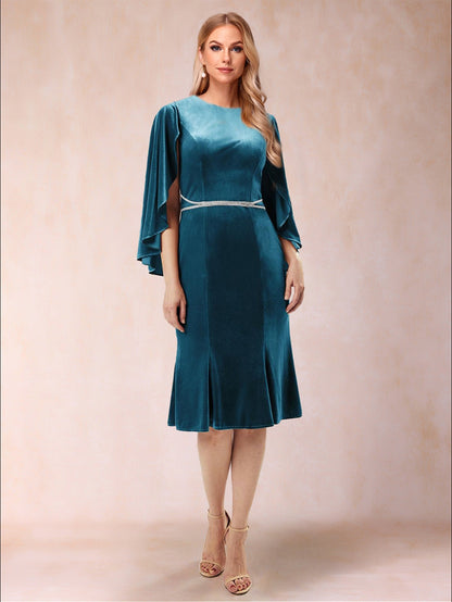 Robe de Soirée Trapèze/Princesse à Manches 3/4 et Longueur Genou avec Ceinture