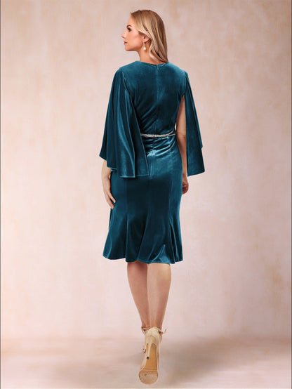 Robe de Soirée Trapèze/Princesse à Manches 3/4 et Longueur Genou avec Ceinture