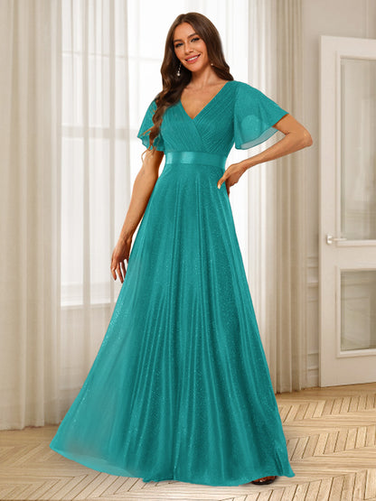 Robes de Demoiselle d'Honneur à Volants Coupe A-Line/Princess Col En V Longueur Au Sol
