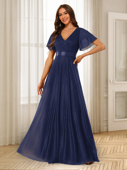 Robes de Demoiselle d'Honneur à Volants Coupe A-Line/Princess Col En V Longueur Au Sol