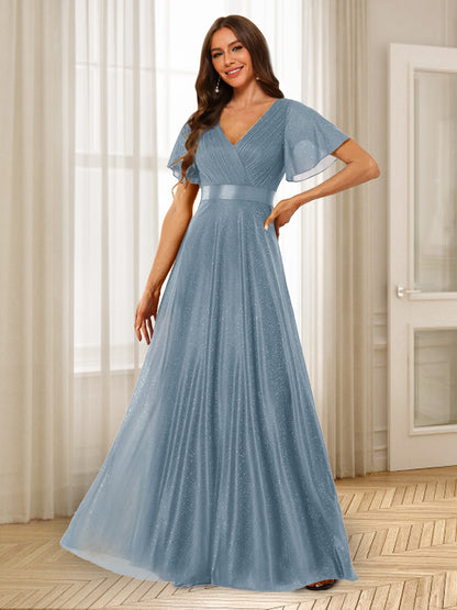 Robes de Demoiselle d'Honneur à Volants Coupe A-Line/Princess Col En V Longueur Au Sol