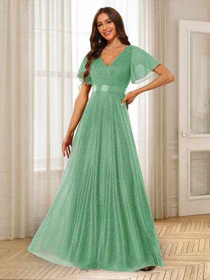 Robes de Demoiselle d'Honneur à Volants Coupe A-Line/Princess Col En V Longueur Au Sol