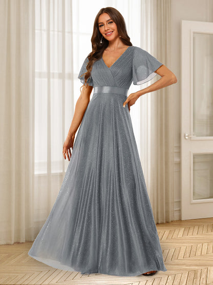 Robes de Demoiselle d'Honneur à Volants Coupe A-Line/Princess Col En V Longueur Au Sol