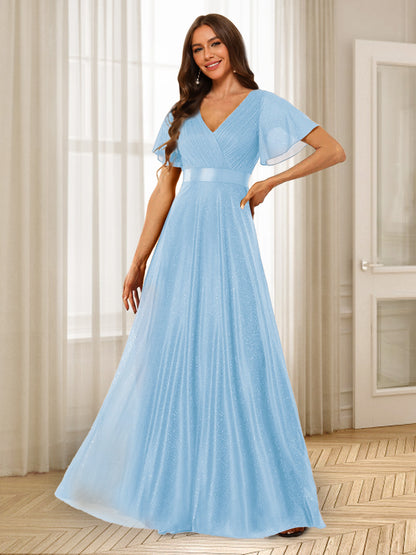 Robes de Demoiselle d'Honneur à Volants Coupe A-Line/Princess Col En V Longueur Au Sol