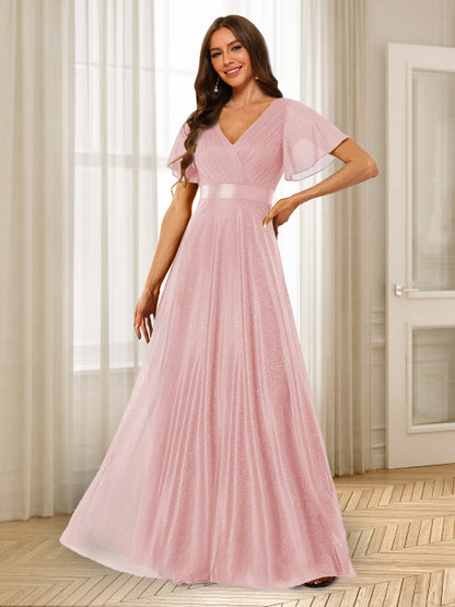 Robes de Demoiselle d'Honneur à Volants Coupe A-Line/Princess Col En V Longueur Au Sol