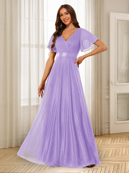 Robes de Demoiselle d'Honneur à Volants Coupe A-Line/Princess Col En V Longueur Au Sol