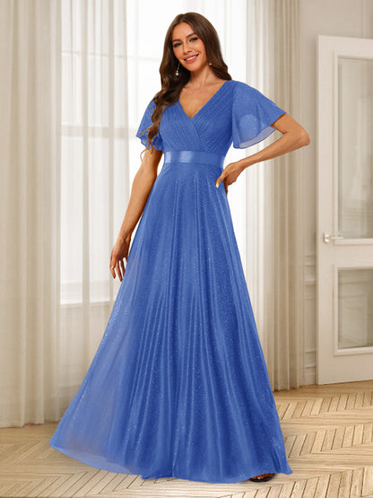 Robes de Demoiselle d'Honneur à Volants Coupe A-Line/Princess Col En V Longueur Au Sol