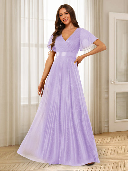 Robes de Demoiselle d'Honneur à Volants Coupe A-Line/Princess Col En V Longueur Au Sol