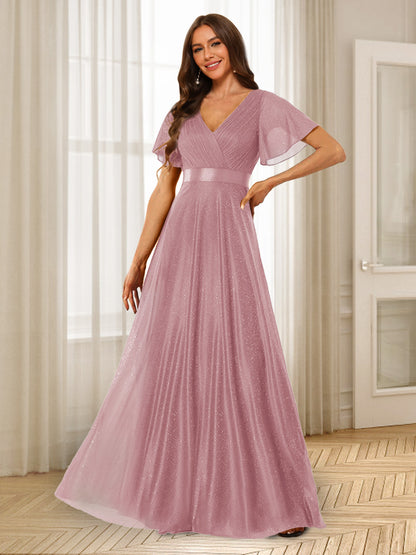 Robes de Demoiselle d'Honneur à Volants Coupe A-Line/Princess Col En V Longueur Au Sol