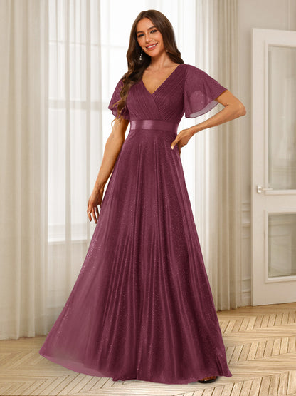 Robes de Demoiselle d'Honneur à Volants Coupe A-Line/Princess Col En V Longueur Au Sol