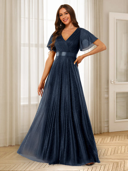 Robes de Demoiselle d'Honneur à Volants Coupe A-Line/Princess Col En V Longueur Au Sol