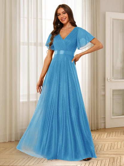 Robes de Demoiselle d'Honneur à Volants Coupe A-Line/Princess Col En V Longueur Au Sol