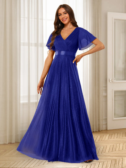 Robes de Demoiselle d'Honneur à Volants Coupe A-Line/Princess Col En V Longueur Au Sol