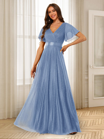 Robes de Demoiselle d'Honneur à Volants Coupe A-Line/Princess Col En V Longueur Au Sol