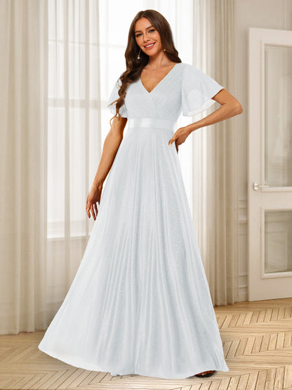 Robes de Demoiselle d'Honneur à Volants Coupe A-Line/Princess Col En V Longueur Au Sol