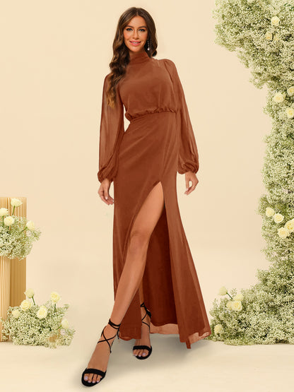 Robe de Demoiselle d'Honneur Fourreau/Colonne à Col Haut et Longueur Au Sol Dos Nu avec Fente Sur Le Côté
