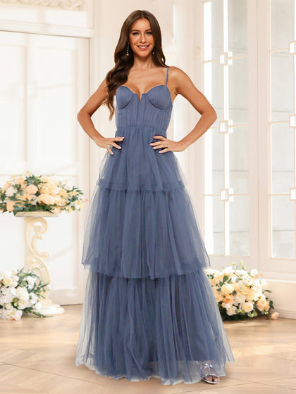 Robe de Demoiselled'Honneur en Tulle, Coupe Trapèze/Princesse, Bretelles Spaghetti, Longueur au Sol